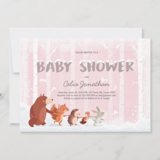 Woodland Baby shower uitnodiging Roze Wintersneeuw (Voorkant)