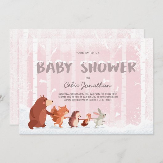 Woodland Baby shower uitnodiging Roze Wintersneeuw (Voorkant / Achterkant)