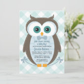 Woodland baby shower uitnodiging uil boy blauw bru (Staand voorkant)