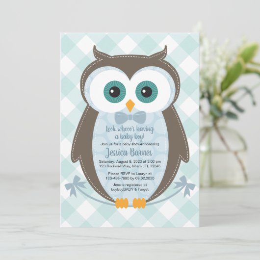 Woodland baby shower uitnodiging uil boy blauw bru (Staand voorkant)