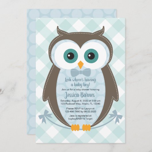 Woodland baby shower uitnodiging uil boy blauw bru (Voorkant / Achterkant)