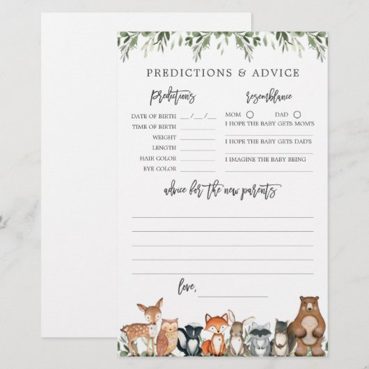 Woodland Baby shower voorspellingen en advies (Voorkant / Achterkant)