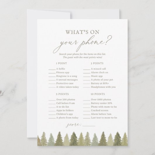 Woodland Baby shower Wat is er op uw telefoon spel Kaart (Voorkant)