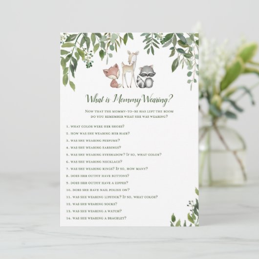 Woodland Baby shower Wat is mama dragen spel 5x7 Kaart (Staand voorkant)
