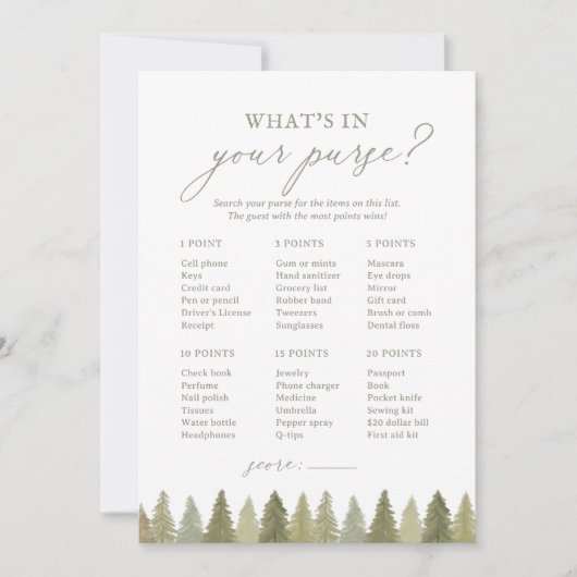 Woodland Baby shower Wat zit er in je tas spel Kaart (Voorkant)