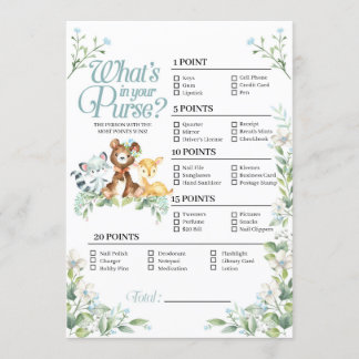 Woodland Baby shower Wat zit er in je tas spel Kaart