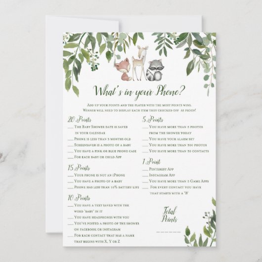 Woodland Baby shower - Wat zit er in je telefoonsp Kaart (Voorkant)
