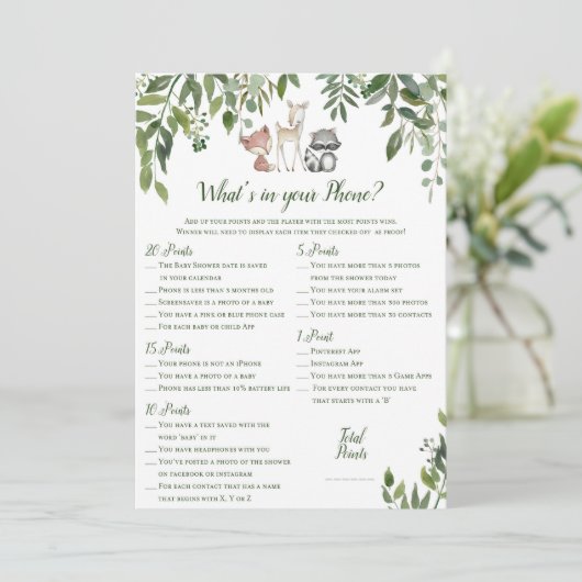 Woodland Baby shower - Wat zit er in je telefoonsp Kaart (Staand voorkant)