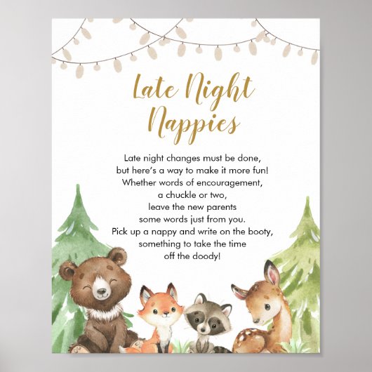 Woodland Baby shower Wild Late Night Nappies Poster (Voorkant)