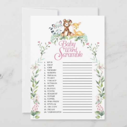 Woodland Baby shower Word Scramble Game Kaart (Voorkant)