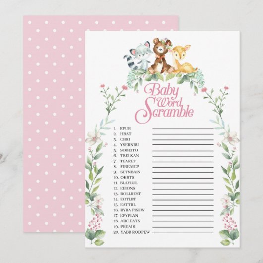 Woodland Baby shower Word Scramble Game Kaart (Voorkant / Achterkant)