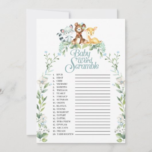 Woodland Baby shower Word Scramble Game Kaart (Voorkant)