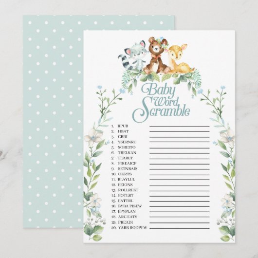 Woodland Baby shower Word Scramble Game Kaart (Voorkant / Achterkant)