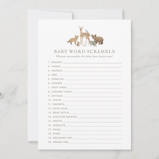 Woodland Baby shower Word Scramble Kaart (Voorkant)