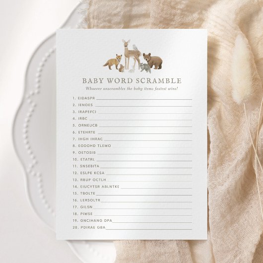 Woodland Baby shower Word Scramble Kaart