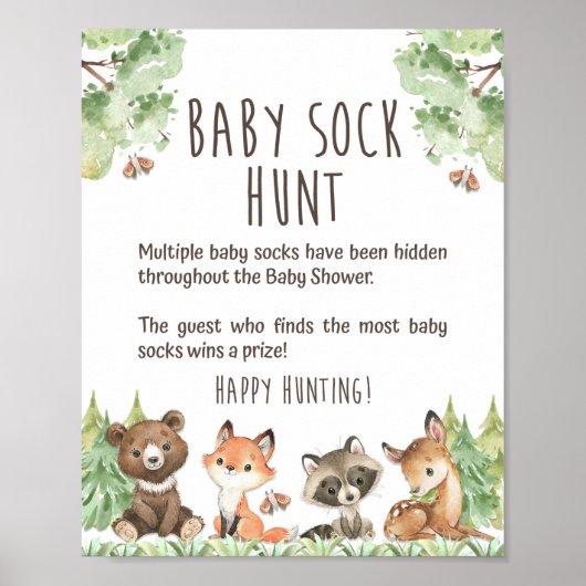Woodland Baby Sock Hunt Shower Game Sign Poster (Voorkant)