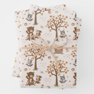 Woodland Babyberen Eekhoorns Wasberen Baby Shower Inpakpapier Vel
