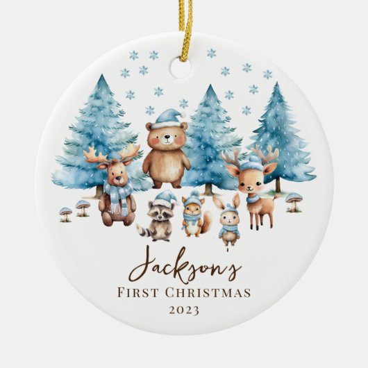 Woodland Baby's 1E Kerstmis 2 Zijde Foto Keramisch Ornament (Voorkant)