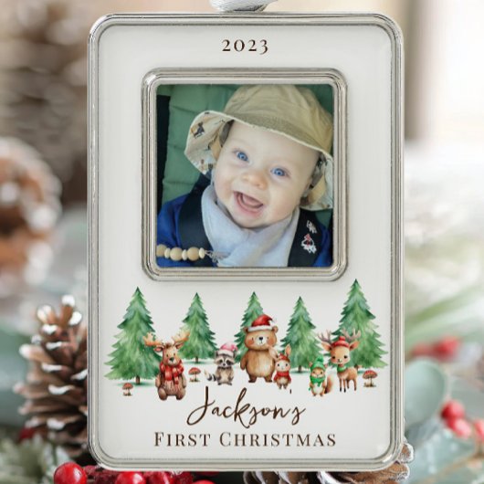 Woodland Baby's 1E Kerstmis 2 Zijde Foto Verzilverd Omlijst Ornament