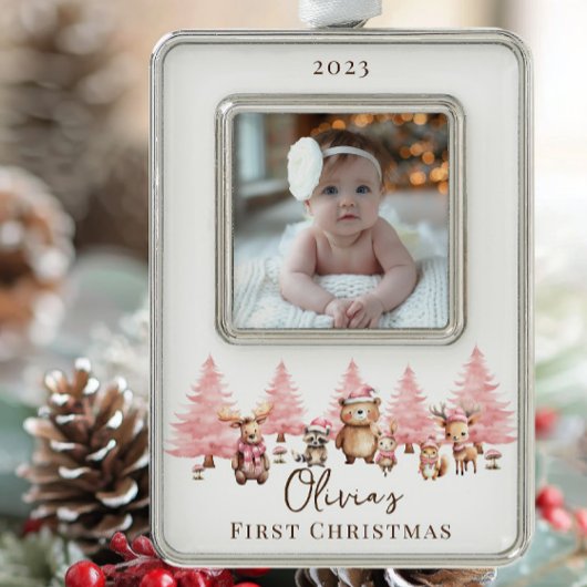 Woodland Baby's 1E Kerstmis 2 Zijde Foto Verzilverd Omlijst Ornament