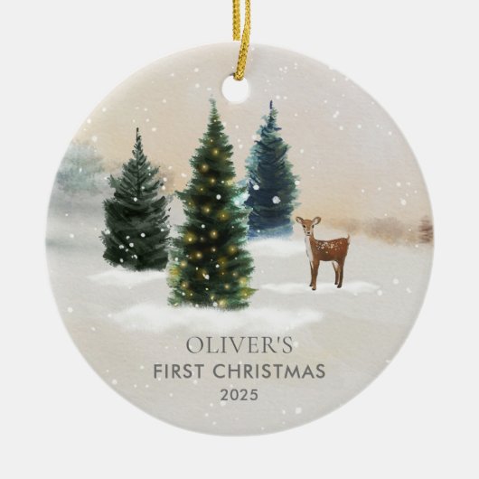 Woodland Baby's First Christmas Photo Keramisch Ornament (Voorkant)