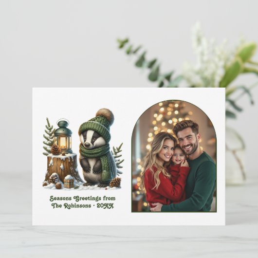 Woodland Badger Cozy Forest Christmas Magic Photo Feestdagenkaart (Staand voorkant)