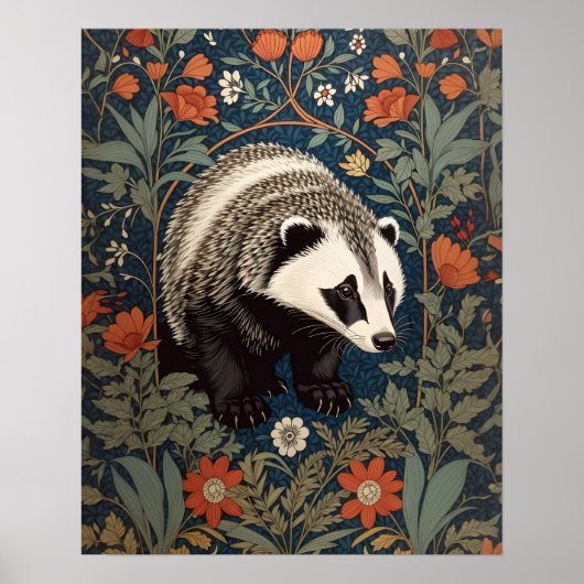 Woodland Badger William Morris geïnspireerd Poster (Voorkant)