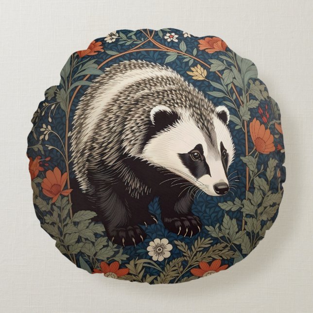 Woodland Badger William Morris geïnspireerd Rond Kussen (Voorkant)