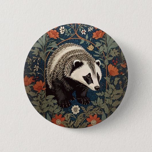Woodland Badger William Morris geïnspireerd Ronde Button 5,7 Cm (Voorkant)