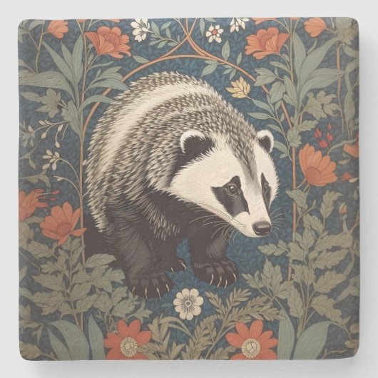 Woodland Badger William Morris geïnspireerd Stenen Onderzetter (Voorkant)