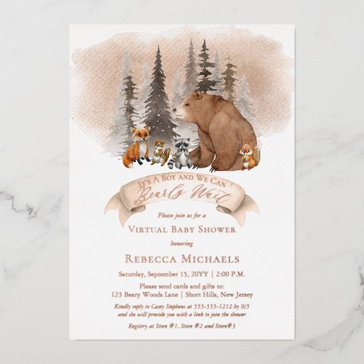 Woodland Barly Wait Virtual Boy Baby shower Folie Uitnodiging (Voorkant)