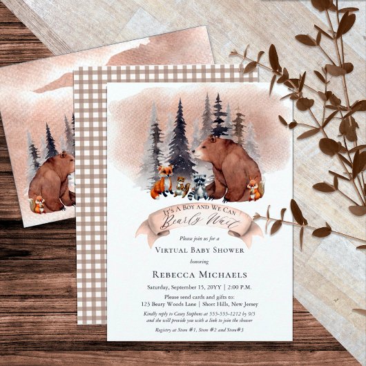 Woodland Barly Wait Virtual Boy Baby shower Kaart