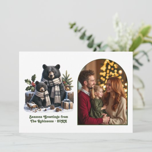 Woodland Bear Family Cozy Forest Christmas Photo Feestdagenkaart (Staand voorkant)