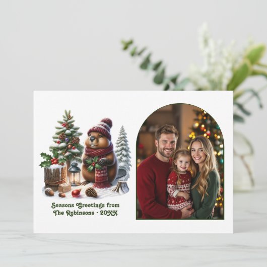 Woodland Beaver Cozy Forest Christmas Magic Photo Feestdagenkaart (Staand voorkant)
