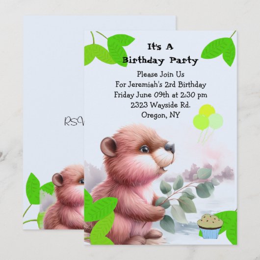 Woodland Beaver Verjaardag uitnodiging (Voorkant / Achterkant)