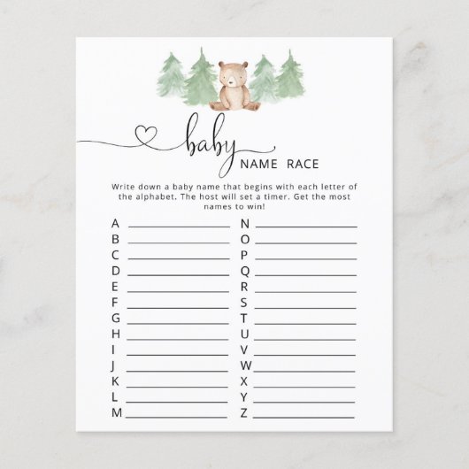 Woodland beer baby name race baby shower game (Voorkant)