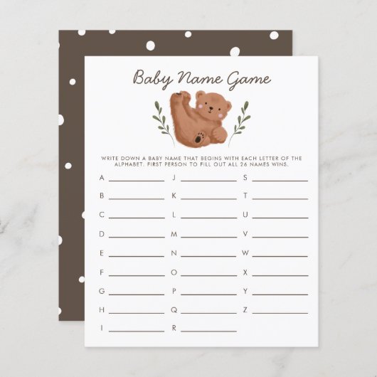 Woodland Beer Baby Name Shower Game (Voorkant / Achterkant)