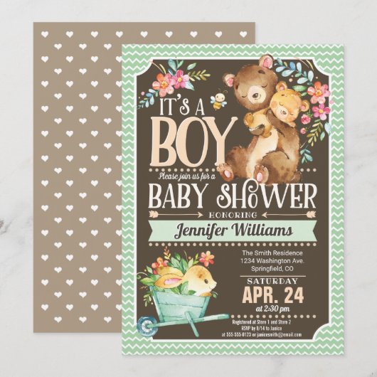 Woodland Beer Baby shower Invitation Boy Kaart (Voorkant / Achterkant)