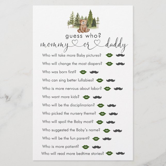 Woodland Beer Baby shower "Raad eens wie" game (Voorkant)