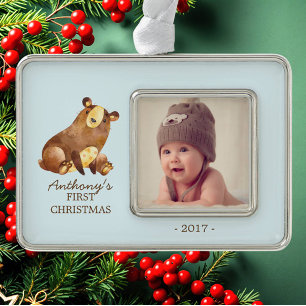 Woodland Beer Baby's 1e Kerstmis Foto Ornament