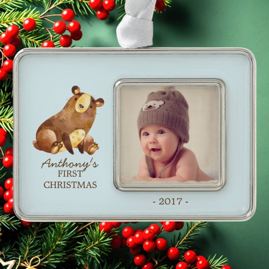 Woodland Beer Baby's 1e Kerstmis Foto Ornament