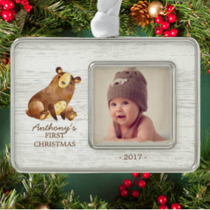 Woodland Beer Baby's 1e Kerstmis Foto Ornament