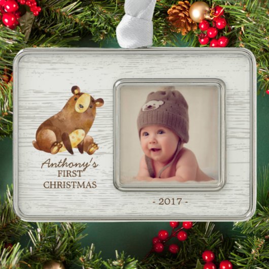 Woodland Beer Baby's 1e Kerstmis Foto Ornament
