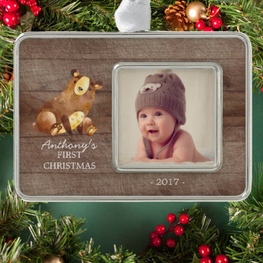Woodland Beer Baby's 1e Kerstmis Foto Ornament