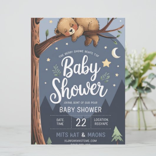 Woodland Beer Cub Baby shower Uitnodiging | Waterc (Staand voorkant)