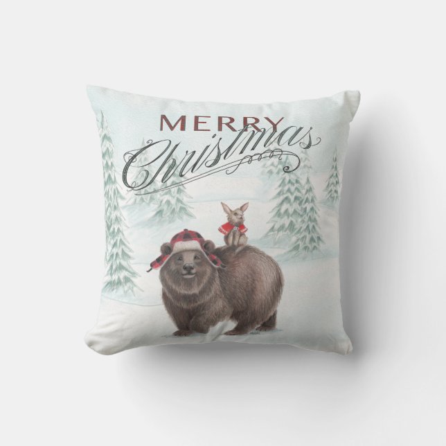 Woodland Beer en Bunny Merry Kerstmis Pillow Kussen (Voorkant)