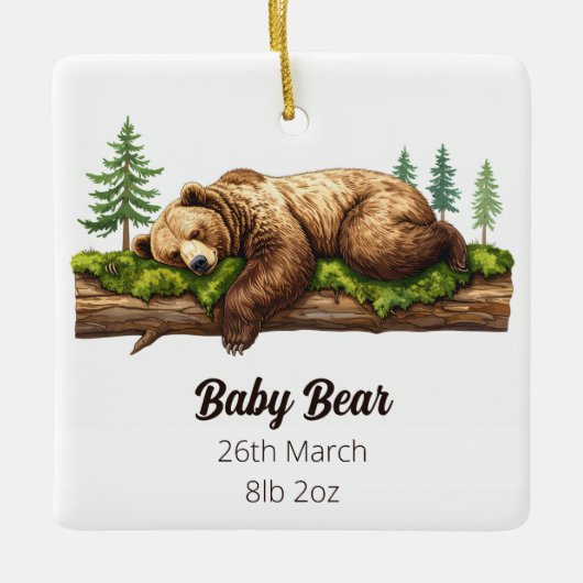 Woodland Beer Geboorte Stats Baby's Eerste Kerst Keramisch Ornament (Voorkant)