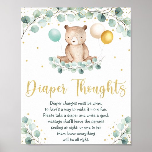 Woodland Beer Greenery Gold Diaper Thoughts Sign Poster (Voorkant)
