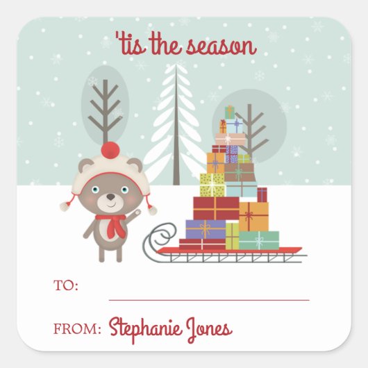 Woodland Beer Kerstmis Vierkante Sticker (Voorkant)