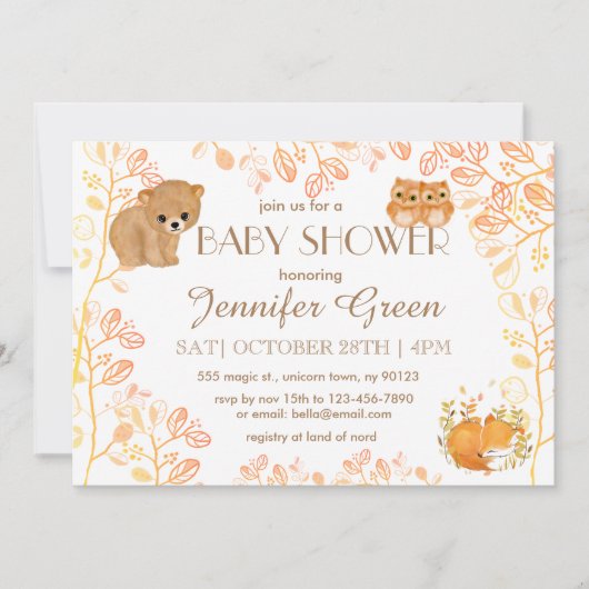 Woodland Beer Owls Fox Baby Shower Invitations Kaart (Voorkant)